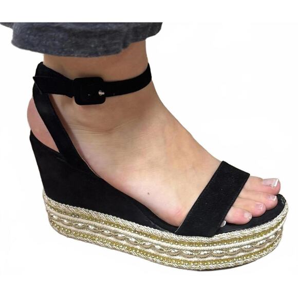 Steve Madden Black Espadrille Wedge Sandals Beaded & Sequins - Picture 7 of 8